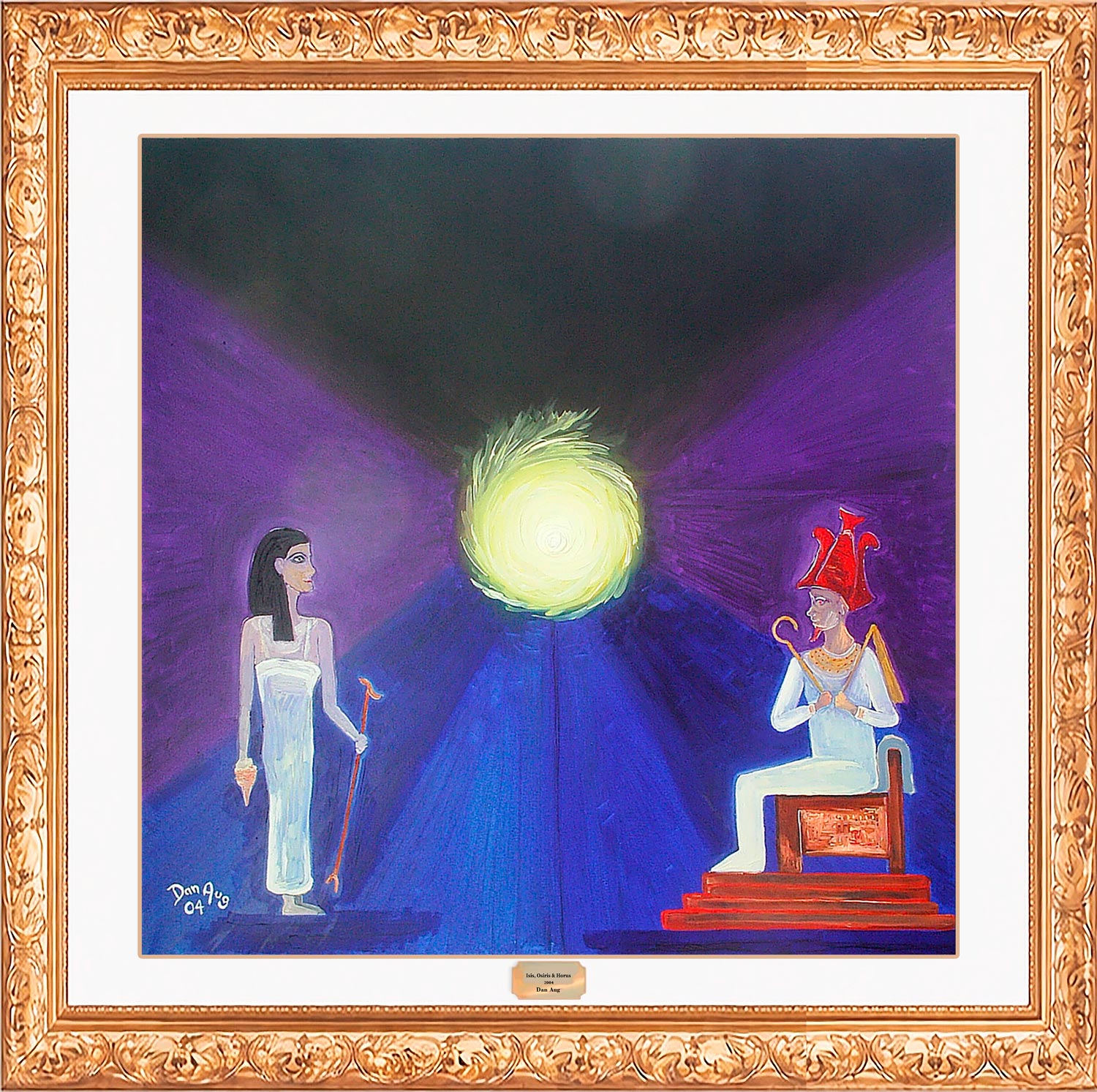 Isis Osiris Horus by Dan Aug, Egyptian triad with Horus as radiant solar energy between Isis and Osiris in a symbolic cosmic composition
