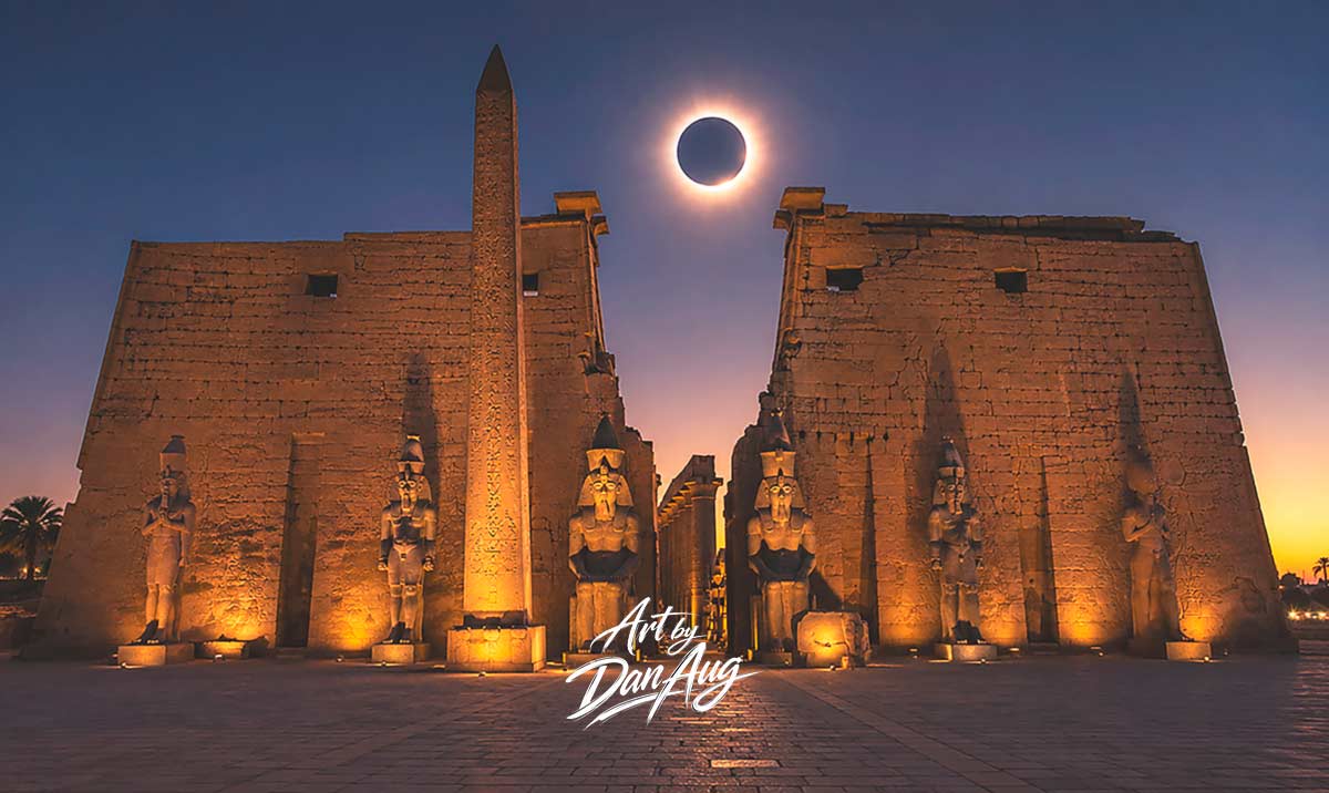Total Solar Eclipse above Luxor Temple Egypt 2027 — Eclipse Convergence Platform by Dan Aug