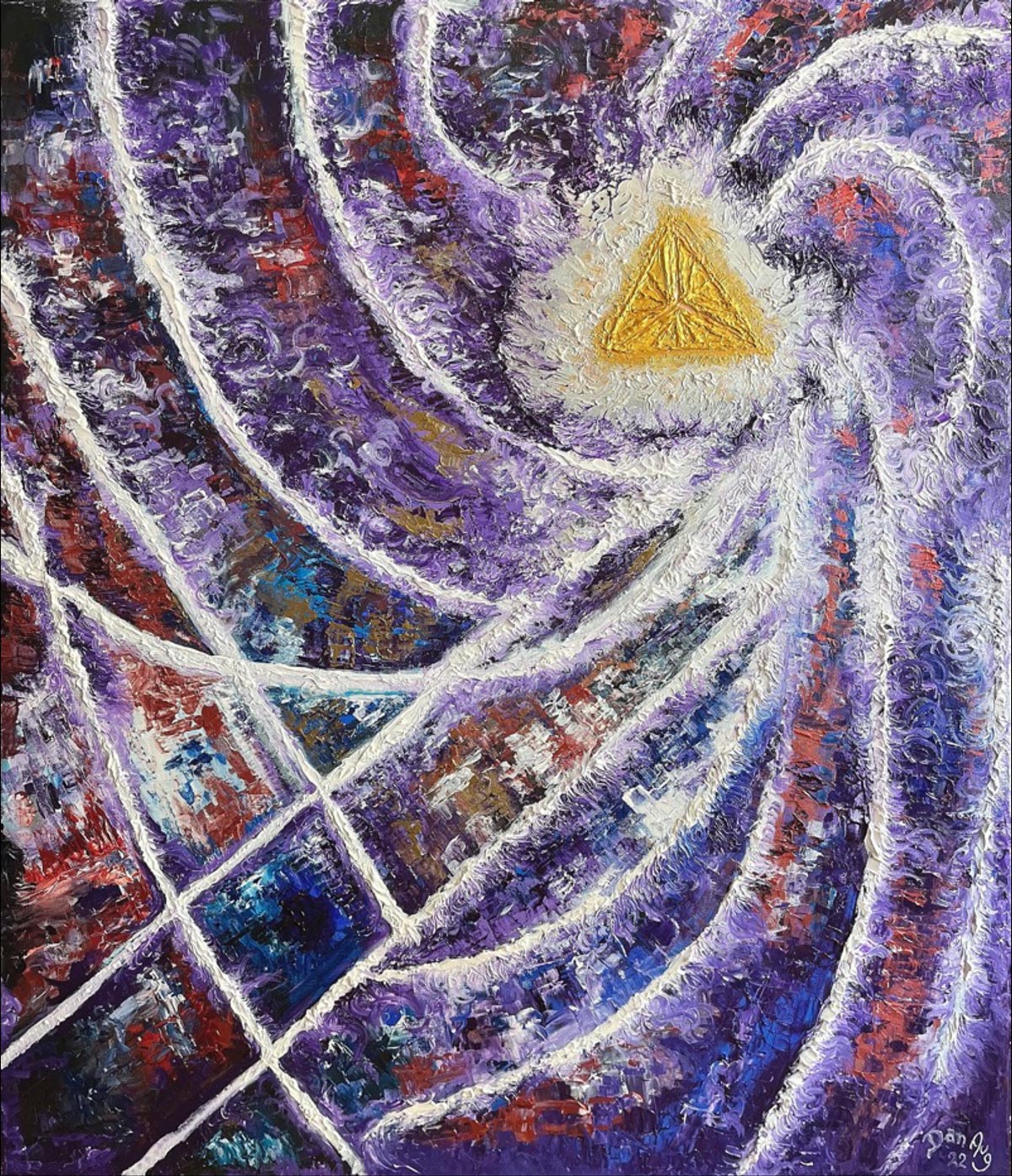 Between Immensity and Eternity painting by Dan Aug, abstract expressionism cosmology artwork representing a golden tetrahedral human form between space and eternal time