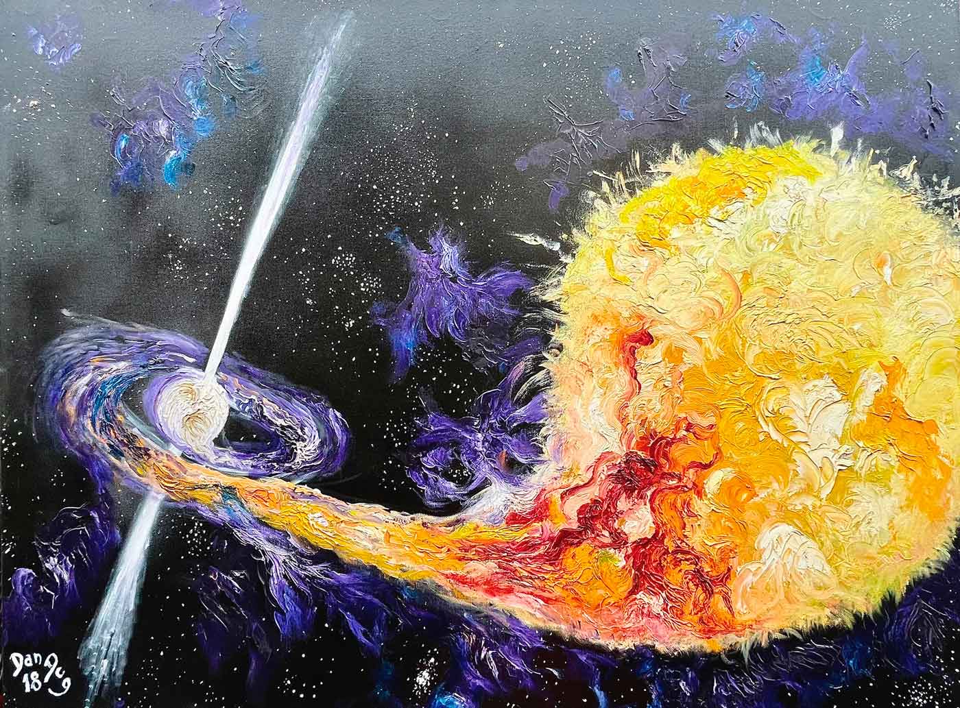 Cosmic Cannibalism by Dan Aug, original astronomical oil painting inspired by stellar interaction
