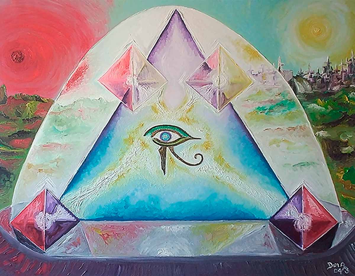 Dan Aug contemporary painting exploring Egyptian cosmology, pyramid symbolism and visual perception