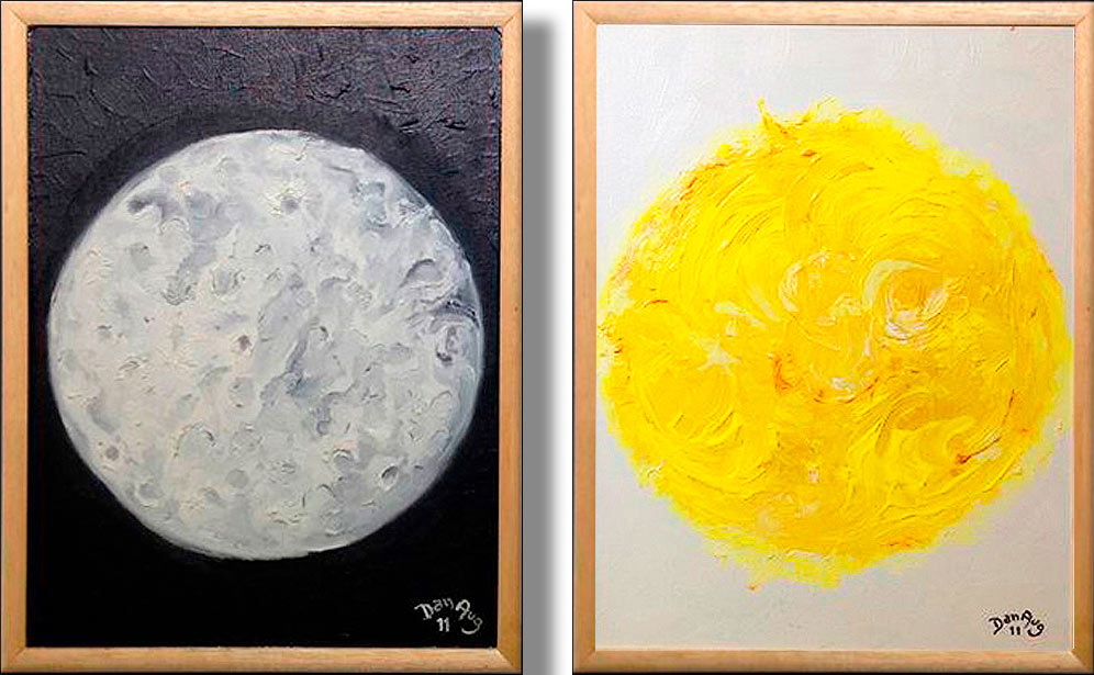 Moon and Sun diptych exploring celestial duality light darkness and cosmic cycles