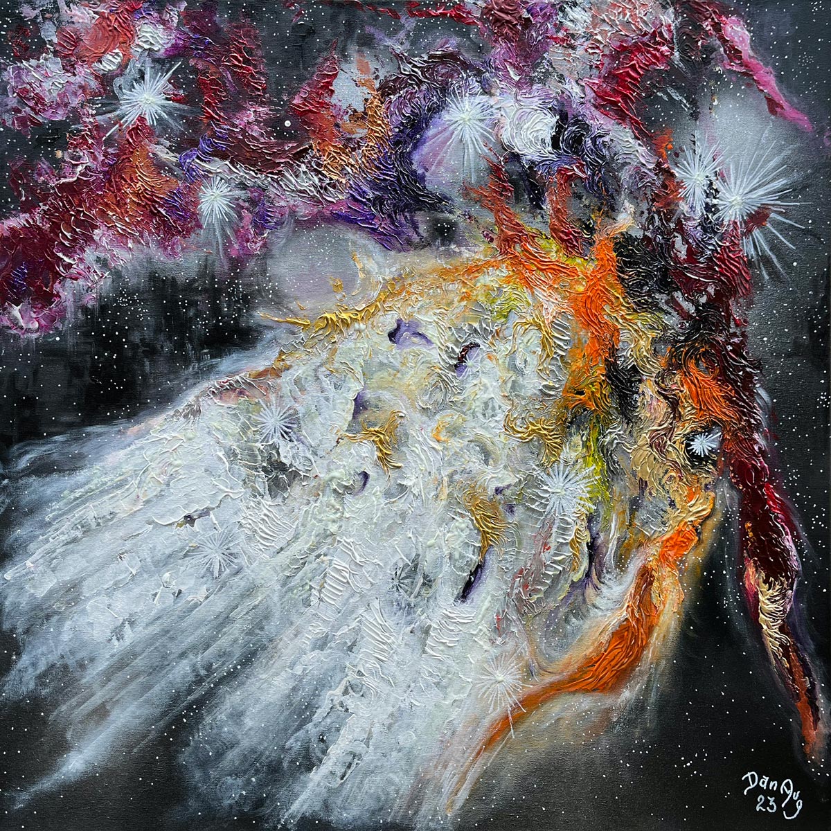 Rho Ophiuchi Stars Cradle abstract cosmic painting by Dan Aug featuring textured acrylic nebula formations and luminous space structures