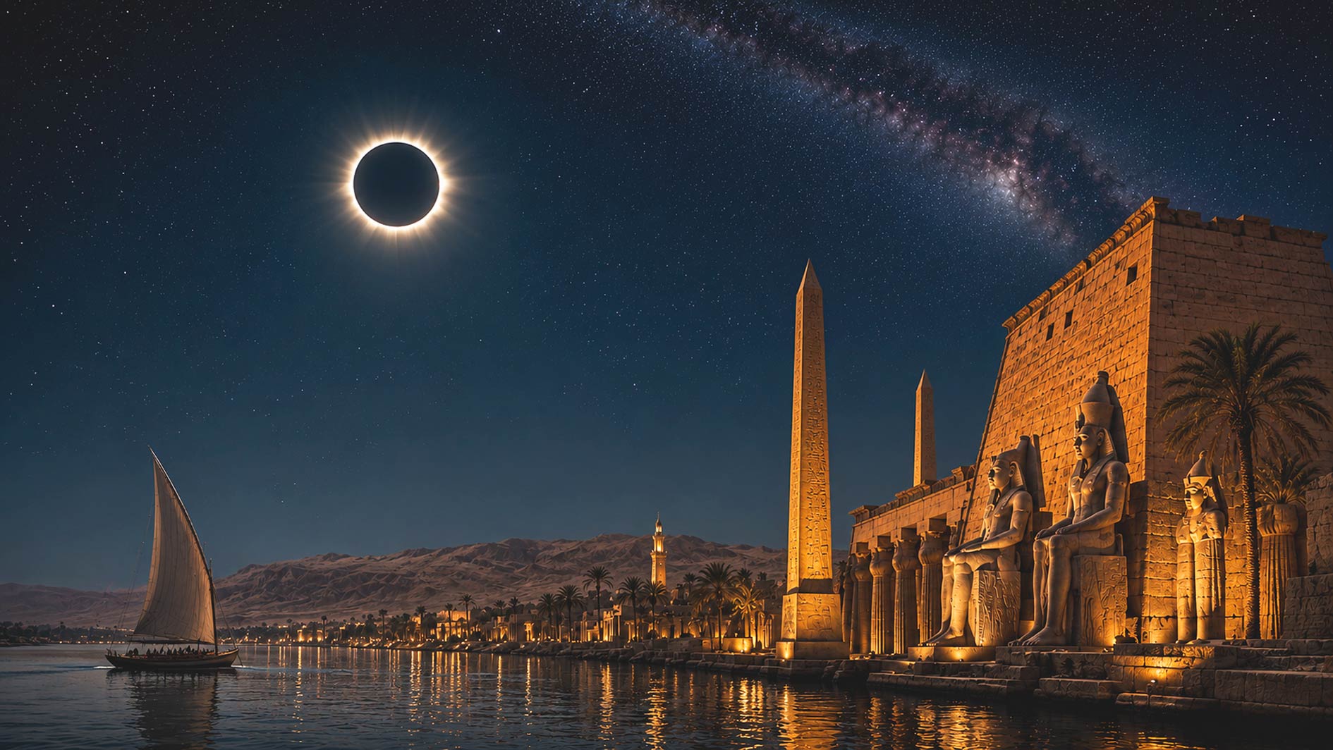 Artistic visualization of the August 2 2027 total solar eclipse above Luxor Egypt with the Nile and Ancient Egyptian monuments