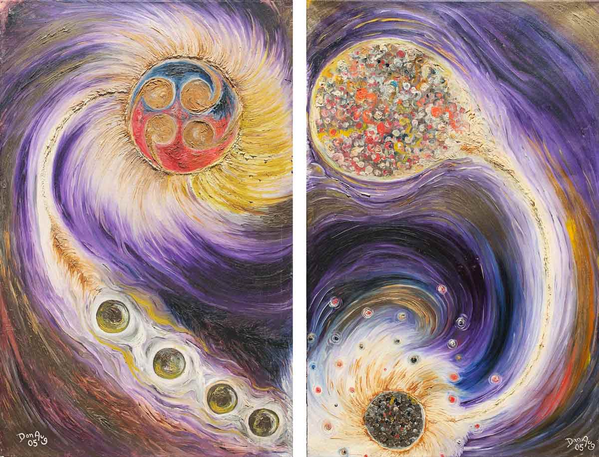 Fusion and Fission diptych artwork exploring nuclear processes stellar energy and transformation of matter