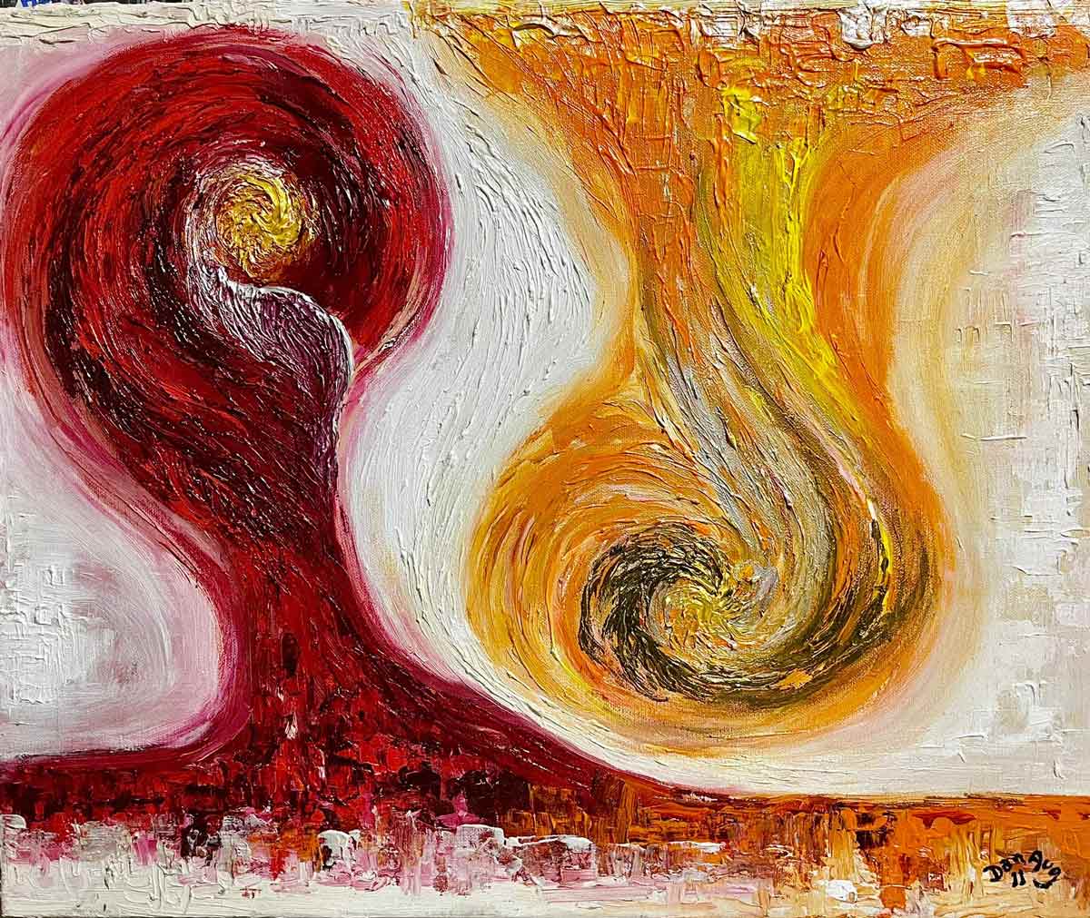Matter and antimatter painting inspired by particle physics symmetry and cosmological evolution